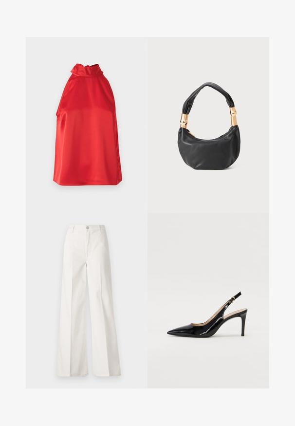 Rotes Satin-Haltertop mit hohem Ausschnitt, glatter Textur und seitlichen Schlitzen. Verfügt über ein schlichtes, elegantes Design ohne Verzierungen.; Weiße weite Hosen aus Baumwolle mit glatter Textur. Sie verfügen über einen vorderen Knopf, einen Reißverschluss und ein Design mit vier Taschen.; Schwarz lackierte Slingback-Pumps mit spitzem Zehenbereich, schlankem Absatz und einem subtilen Ausschnittdesign. Verfügt über eine goldene Schnalle am Riemen.; Schwarze Lederhandtasche mit runder Form, weicher Textur und einem geknoteten Griff mit goldfarbenen Hardware-Akzenten. Reißverschlussverschluss.