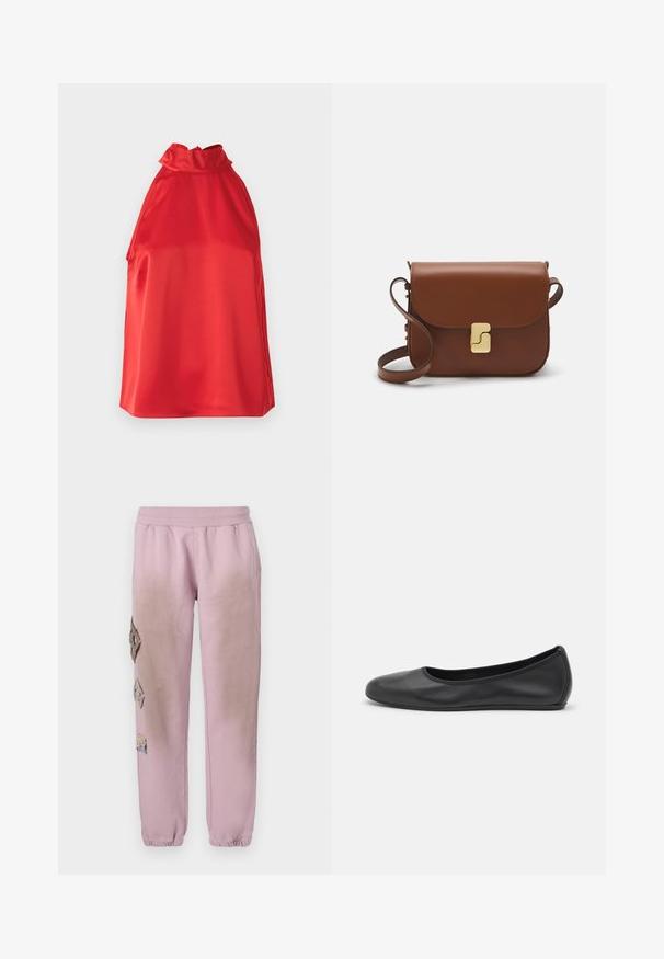 Czerwona satynowa bluzka na halter, z wysokim dekoltem, gładką fakturą i bocznymi rozcięciami. Posiada prosty, elegancki design bez ozdób.; Różowe dresy z elastycznym pasem, zdobione dekoracyjnymi łatkami w kształcie diamentów po lewej stronie oraz elastycznymi mankietami na kostkach.; Czarne skórzane baletki z zaokrąglonym noskiem, gładką fakturą, minimalnymi przeszyciami i elastycznym designem podeszwy.; Brązowa skórzana torebka na ramię z klapką, złotymi detalami, paskiem na ramię i gładką teksturą. Kompaktowy prostokątny kształt.