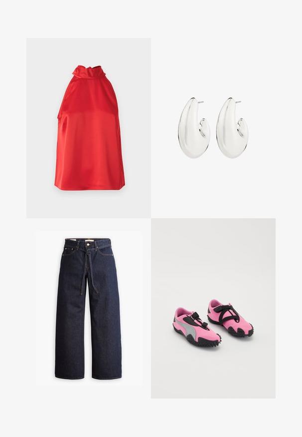 Haut halter en satin rouge avec un col haut, une texture lisse et des fentes sur les côtés. Présente un design simple et élégant sans embellissements.; Jeans en denim bleu foncé à jambes larges, avec une taille haute, dotés d'un lien à cordon, de cinq poches et de détails de couture contrastants.; Baskets de sport roses avec une tige en tissu texturé, accents gris et une semelle en caoutchouc dotée de picots pour l'adhérence. Des sangles noires assurent le maintien.; Boucles d'oreilles en ton argent avec un design allongé et ondulé. Surface lisse et réfléchissante avec un fermoir à tige percée.