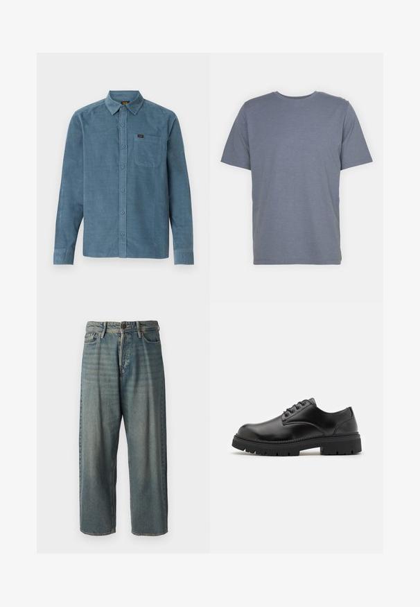 Μπλούζα μακρυμάνικη από μπλε κοτλέ, με γιακά που κλείνει με κουμπί, μπροστινή τσέπη και διακριτική σήμανση στην τσέπη.; Γκρι κοντομάνικη μπλούζα με στρογγυλή λαιμόκοψη, φτιαγμένη από μαλακό ύφασμα μείγματος βαμβακιού. Απλός σχεδιασμός, χωρίς μοτίβα ή λεπτομέρειες.; Ανοιχτό μπλε τζιν παντελόνι με χαλαρή γραμμή, μέση μέσου ύψους και ευθείες γραμμές. Περιλαμβάνει πέντε τσέπες, θηλιές ζώνης και κούμπωμα με κουμπί.; Μαύρα δερμάτινα παπούτσια με στρογγυλή μύτη, σχέδιο με κορδόνια και παχιά, υφή από καουτσούκ σόλα. Διαθέτει ραφή κατά μήκος της άκρης και ομαλή φινιρίσματα.