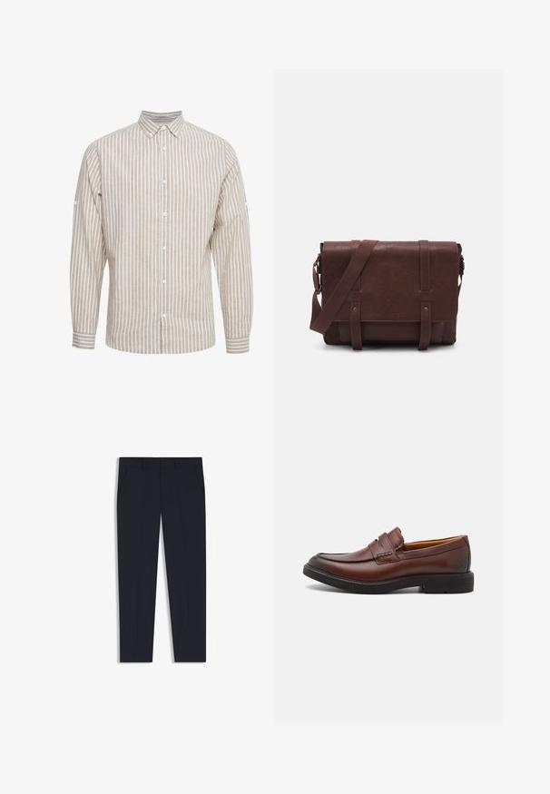 Beige and white striped long-sleeve shirt with a button-down collar, featuring front buttons and adjustable cuffs. Made of lightweight fabric.; Navy trousers with a tailored fit, featuring two front pockets, a flat front design, and a smooth texture. No visible patterns or embellishments.; Brown leather loafers with a rounded toe, decorative stitching, and a black rubber sole. Smooth texture and minimal design details.; Brown leather messenger bag with a flat front flap, two straps, gold hardware accents, and an adjustable shoulder strap.