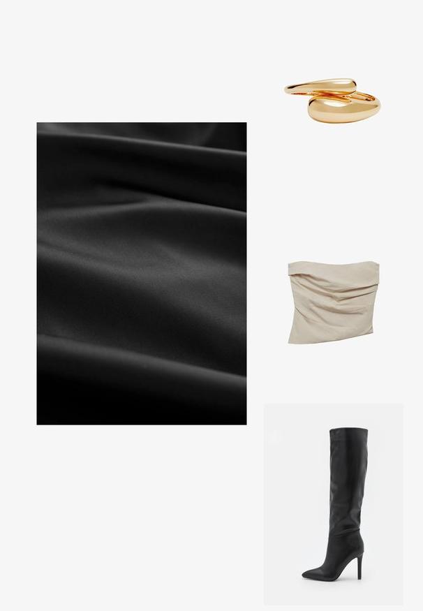 Beige trägerloses Top aus weichem Stoff. Verfügt über ein drapiertes Design mit winkligen Falten, die Textur und Bewegung erzeugen.; Schwarzer Stoff mit glatter Textur, der feine Falten und Knicke zeigt. Die Oberfläche ist matt und weist keine sichtbaren Muster oder Akzente auf.; RAID TALISHA - Stiefel - black; Goldfarbene Ringe mit glatten, runden Formen, die sich miteinander verweben. Hochglänzende Oberfläche mit reflektierender Beschichtung, die ein nahtloses Design präsentiert.
