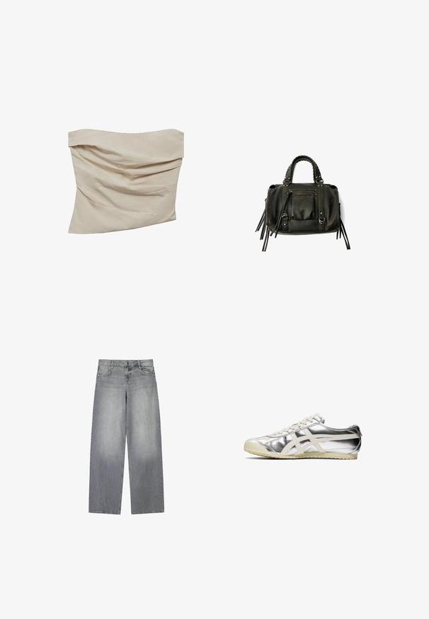 Beige stropløs top lavet af blødt stof. Har et draperet design med vinklede folder, der skaber tekstur og bevægelse.; Bredde-grå denim jeans med en let falmet finish, der har fem lommer, lukning med knap foran og bæltestropper.; Sølvmetallic sneakers med hvide detaljer og snørebånd. Har en tekstureret overflade, rund tå og en gummisål med et mønster for bedre greb.; Sort læderhåndtaske med flettede håndtag, lynlåslomme og hængende frynser. Tekstureret overflade med metalnitter og hardware-accenter.