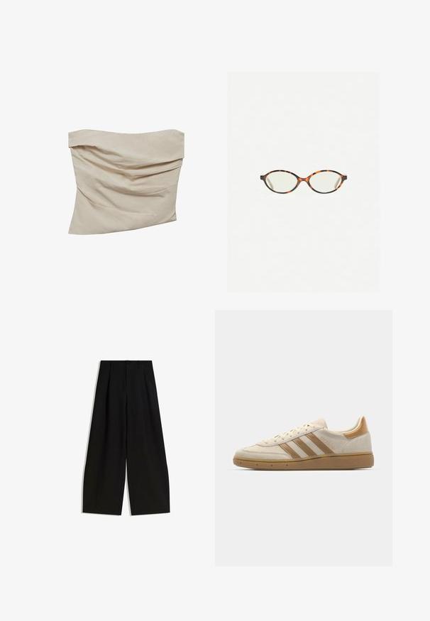 Top strapless beige realizzato in tessuto morbido. Presenta un design drappeggiato con pieghe angolari, creando texture e movimento.; Pantaloni neri a gamba larga realizzati in tessuto liscio, con vita alta, pieghe frontali e senza decorazioni visibili o fantasie.; Sneaker in suede beige con accenti marroni chiari. Presenta tre strisce marroni, suola in gomma testurizzata e design a punta arrotondata.; Occhiali in tartaruga con lenti ovali e una finitura liscia e elegante. Presentano aste sottili con una leggera curva alle tempie. Lenti trasparenti.
