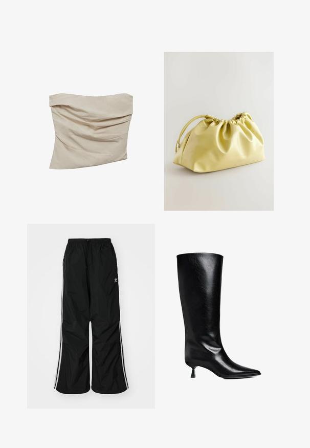 Top strapless berwarna beige yang terbuat dari kain lembut. Memiliki desain draped dengan lipatan angular, menciptakan tekstur dan pergerakan.; Mustapohjaiset tuulihousut, joissa on elastinen vyötärö, nauhakuja, valkoiset sivuviivat, väljä malli ja pieni logo vasemmalla puolella.; Mustassa nahasta valmistetut polvipituiset saappaat, joissa on teräväkärkinen muotoilu, hoikka siluetti ja matala lohkarekorko, joka kiiltää.; Next Pikkulaukku - yellow