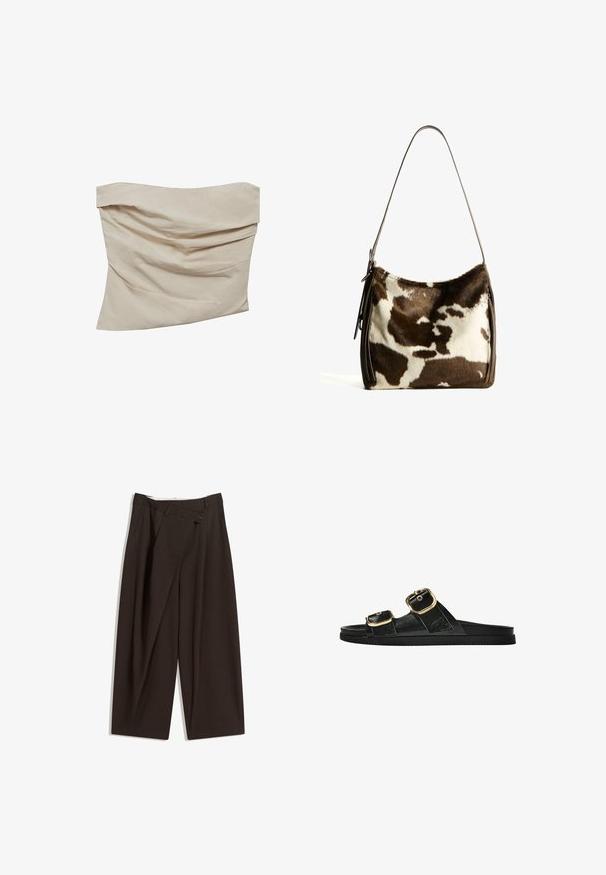 Bež top bez naramenica izrađen od mekog materijala. Ima drapirani dizajn s kutnim naborima, stvarajući teksturu i pokret.; Tamno smeđe široke hlače s visokim strukom, s jednim dugmadi na zakopčavanju i pregibom sprijeda. Izrađene od laganog materijala.; Crne sandale na klizanje s dva zlatna akcenta u obliku kopči, glatkog teksturiranog materijala, ravnim potplatom i minimalističkim dizajnom.; Smeđa i krem torba preko ramena od kravljeg krzna sa glatkim kožnim remenom, zatvaranjem na patentni zatvarač i mekom, teksturiranom površinom koja sadrži prirodan uzorak.