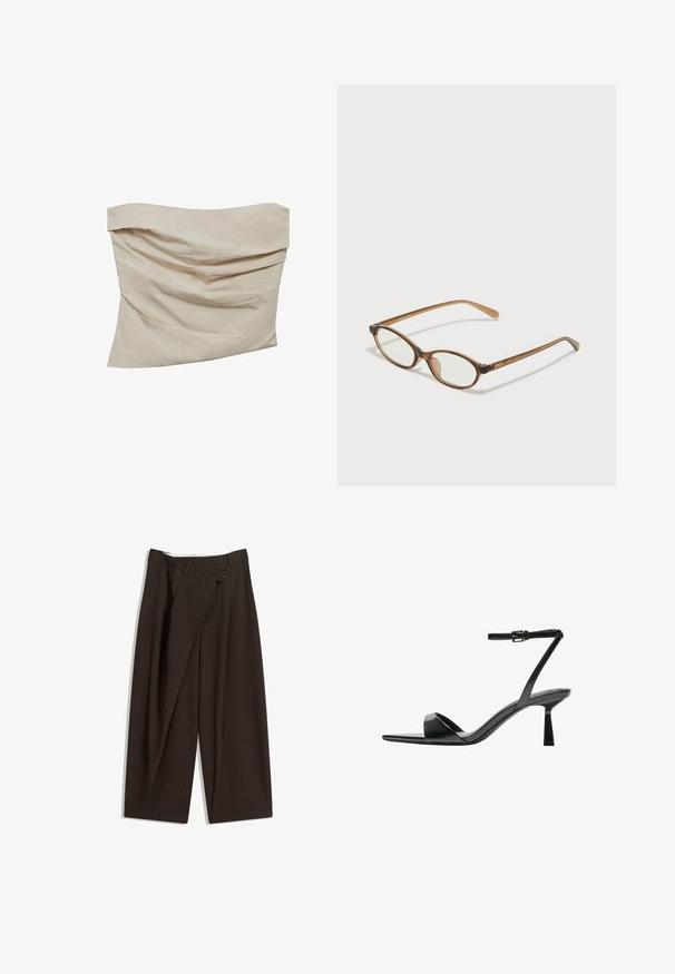 Beige trägerloses Top aus weichem Stoff. Verfügt über ein drapiertes Design mit winkligen Falten, die Textur und Bewegung erzeugen.; Dunkelbraune, weite Hosen mit hohem Bund, die über einen einzigen Knopfverschluss und eine gefaltete Vorderseite verfügen. Hergestellt aus leichtem Stoff.; Bershka High Heel Sandalette - black; Braune Schildpatt-Brille mit ovalen Gläsern, dünnen Bügeln und transparenten Akzenten. Verfügt über ein dezentes Logo am Bügel. Elegantes, leichtes Design.