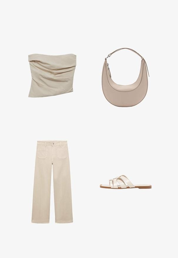 Beige strapless top made of soft fabric. Features a draped design with angular folds, creating texture and movement.; Beige wide-leg pants made of cotton. Features a zipper fly, a front button, and two patch pockets on the back. Clean hem with no embellishments.; Flat sandals with a tan rubber sole, designed with three overlapping white leather straps and a small bow detail at the center.; Beige leather shoulder bag with a crescent shape, smooth texture, and a single curved handle. Features a zip closure and neat stitching.