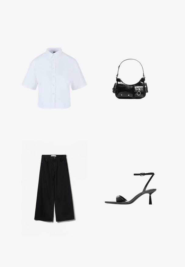 Fehér, rövid ujjú, cropped gombos ing, klasszikus gallérral és gyöngyházfényű gombokkal, sima anyagból készült.; Bershka WIDE-LEG - Széles szárú - black; Bershka Magas sarkú szandálok - black; Fekete lakkbőr kézitáska ívelt formával, egy vállpánttal, elülső zsebekkel és ezüstszínű fémrészletekkel.