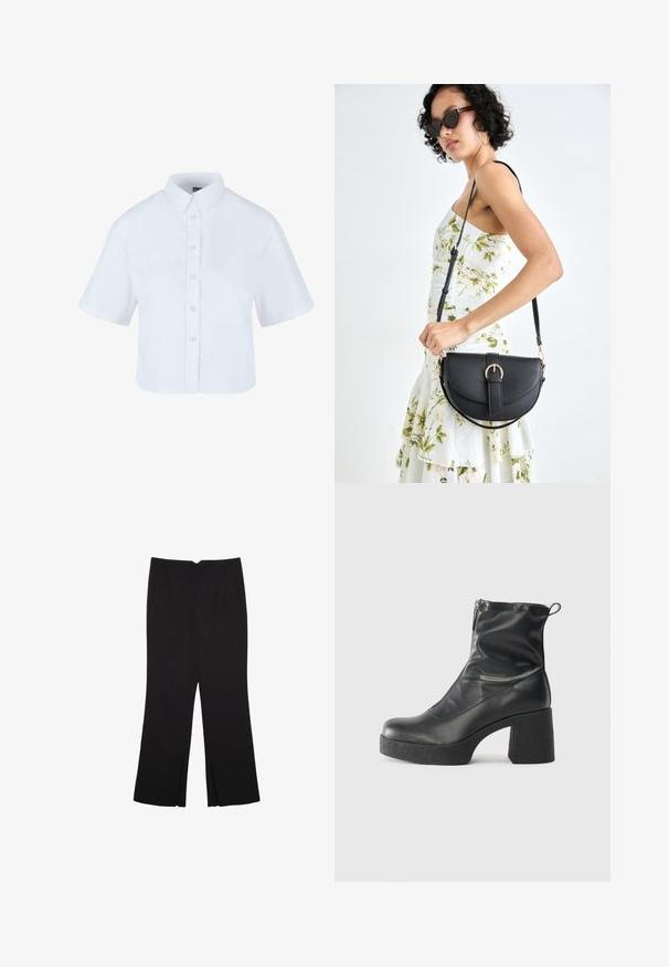 Hvid cropped knap-up skjorte med korte ærmer, der har en klassisk krave og perle-effekt knapper, lavet af glat stof.; Sorte bukser med lige pasform, der har frontlommer og slidser i kanten. Lavet af blødt, glat stof. Velegnet til forskellige anledninger.; Sorte ankelstøvler lavet af glat læder, med en sidelukning, kraftig struktureret hæl og rundt tådesign.; Sort læderhåndtaske med en buet form, aftagelig rem og guldfinish. Tasken har en klap med en spænde detalje.