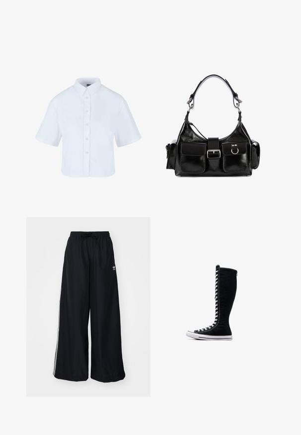Biała krótka koszula zapinana na guziki z krótkimi rękawami, z klasycznym kołnierzykiem i guzikami o perłowym efekcie, wykonana z gładkiego materiału.; Czarne spodnie typu wide-leg wykonane z lekkiego materiału. Posiadają elastyczny pas z troczkiem i białe paski po bokach. Logo marki na biodrze.; Czarne wysokie trampki o wysokim designie, wykonane z płótna. Posiadają białe sznurowadła, przeszycia oraz gumową podeszwę z osłoną na palce.; Czarna skórzana torebka z połyskiem, z centralną klamrą, dwiema przednimi kieszeniami i krótkim paskiem na ramię.