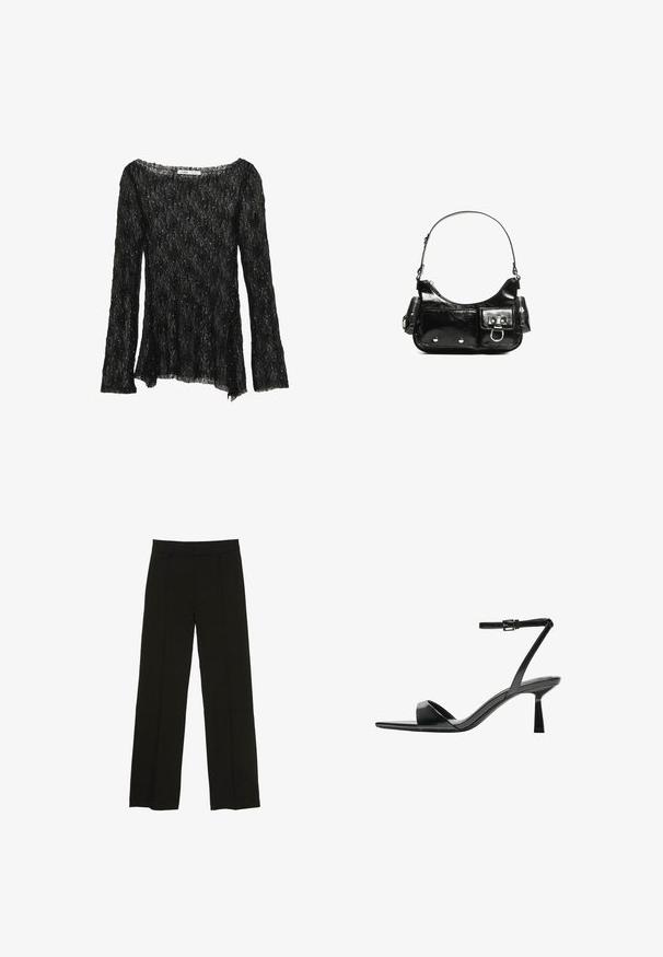 Fekete csipke felső, laza szabással, hosszú ujjakkal és széles kivágással. Texturált mintával és diszkrét csillogó elemekkel rendelkezik.; Fekete, bő szárú nadrág sima anyagból, melynek kényelmes derékrésze és diszkrét elülső redők adnak extra textúrát.; Bershka Magas sarkú szandálok - black; Fekete lakkbőr kézitáska ívelt formával, egy vállpánttal, elülső zsebekkel és ezüstszínű fémrészletekkel.