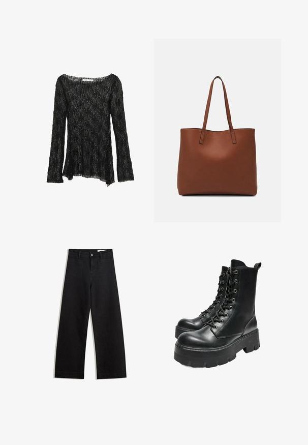 Crna čipkasta bluza s ležernim krojem, dugim rukavima i širokim izrezom. Ima strukturirani uzorak i suptilne sjajne detalje.; Crne široke traperice s visokim strukom, s prednjim i stražnjim džepovima, šivenim šavovima i kopčanjem na gumb. Glatka tekstura.; Bershka TRACK - Gležnjače s platformom - black; Smeđa kožna torba preko ramena s glatkom teksturom, otvorenim vrhom i dvjema naramenicama. Ima minimalne šavove i nema vidljivog hardvera.