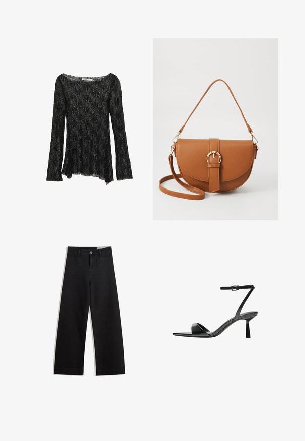 Haut en dentelle noire à coupe décontractée, manches longues et encolure large. Présente un motif texturé et des accents de paillettes subtiles partout.; Pantalon en denim noir à jambes larges avec une taille haute, comprenant des poches avant et arrière, des coutures piquées et une fermeture à bouton. Texture lisse.; Bershka Sandales à talons hauts - black; Sac bandoulière en cuir marron avec une forme incurvée, quincaillerie dorée et un accent en boucle. Comprend une bandoulière détachable.