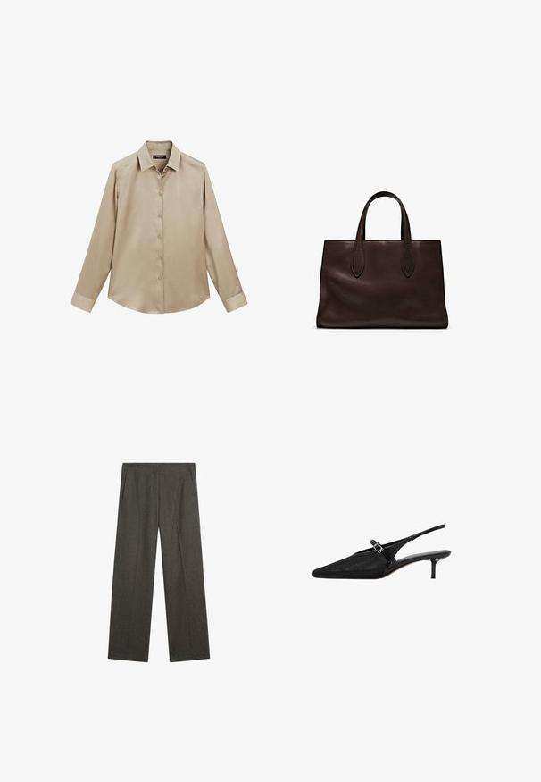 Beige overhemd met lange mouwen, knoopsluiting, klassieke kraag en manchetten, gladde stof en een iets afgeronde onderkant.; Donkergrijze, wijde broek gemaakt van een gestructureerde stof, met twee zijzakken en een nette frontplooi. Eenvoudig, passend ontwerp.; Zwarte slingback hakken met puntige neuzen, een gestructureerde mesh bovenkant, slanke verstelbare band met zilveren gesp en 5 cm stiletto hakken.; Bruine leren tote bag met twee verlengde handvatten, gestructureerde rechthoekige vorm, gladde textuur en subtiele stiksels.