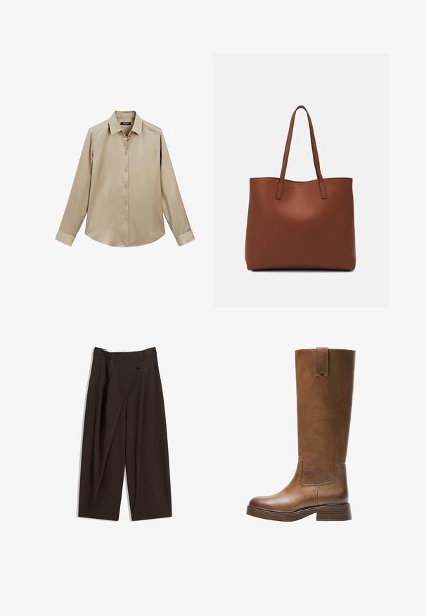Beige overhemd met lange mouwen, knoopsluiting, klassieke kraag en manchetten, gladde stof en een iets afgeronde onderkant.; Donkere bruin wijde broek met een hoge taille, voorzien van een enkele knoopsluiting en een geplooide voorkant. Gemaakt van lichtgewicht stof.; Bruine leren laars tot de knie met een ronde neus, gestructureerd oppervlak en een lage, gestapelde hak. Beschikt over een zijpaneel en een aantrektap aan de bovenkant.; Bruine leren tote bag met een gladde textuur, een ontwerp met een open bovenkant en twee schouderbanden. Kenmerkt zich door minimale stiksels en geen zichtbare hardware.