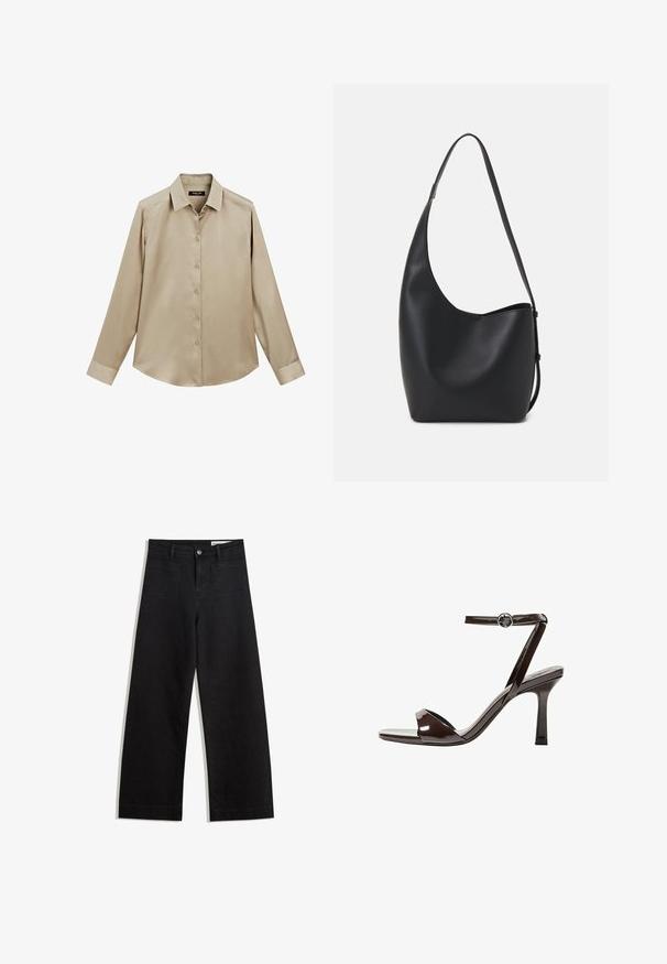 Camicia beige a maniche lunghe con colletto e polsini classici, tessuto morbido e orlo leggermente curvato.; Pantaloni in denim neri a gamba larga con vita alta, dotati di tasche anteriori e posteriori, cuciture a punto, e chiusura con bottone. Texture liscia.; Sandalini con tacco alto in pelle verniciata marrone, con cinturino alla caviglia, punta aperta e un design elegante e minimalista. Presentano un tacco quadrato.; Borsa hobo nera in pelle con una superficie liscia, forma curvata e una singola tracolla regolabile; presenta un'ampia apertura nella parte superiore.