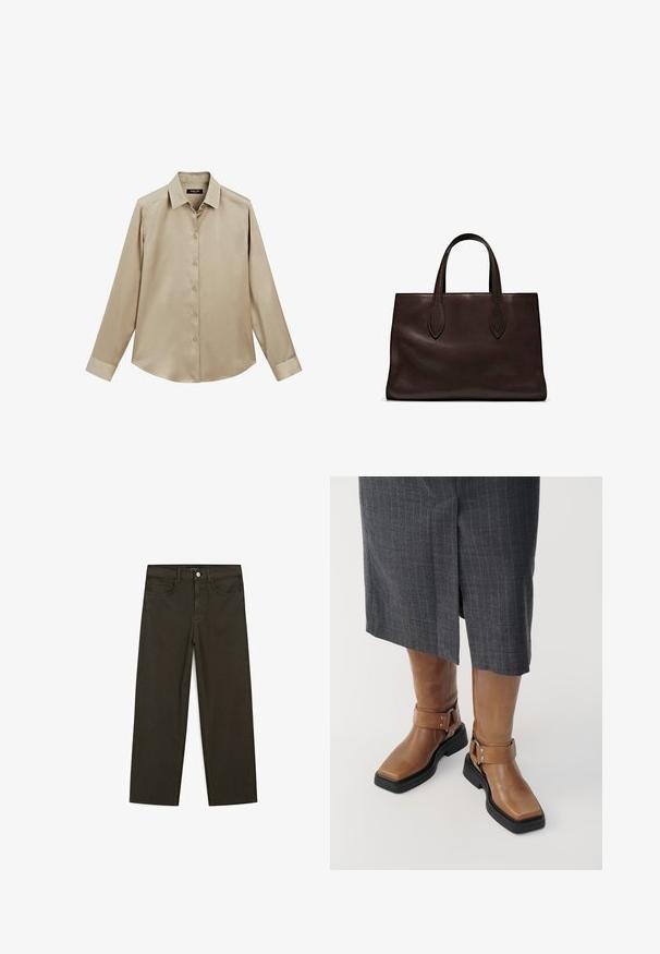 Beige overhemd met lange mouwen, knoopsluiting, klassieke kraag en manchetten, gladde stof en een iets afgeronde onderkant.; Donkergroene wijde jeans van een katoenmix, met een sluiting met een voorste knop, vijf zakken en klassieke denimstiksels.; Bruine leren kniehoge laarzen met een vierkante neus, zwarte rubberen zool en verstelbare gespsluiting. Draagt bij een grijze streeprok.; Bruine leren tote bag met twee verlengde handvatten, gestructureerde rechthoekige vorm, gladde textuur en subtiele stiksels.