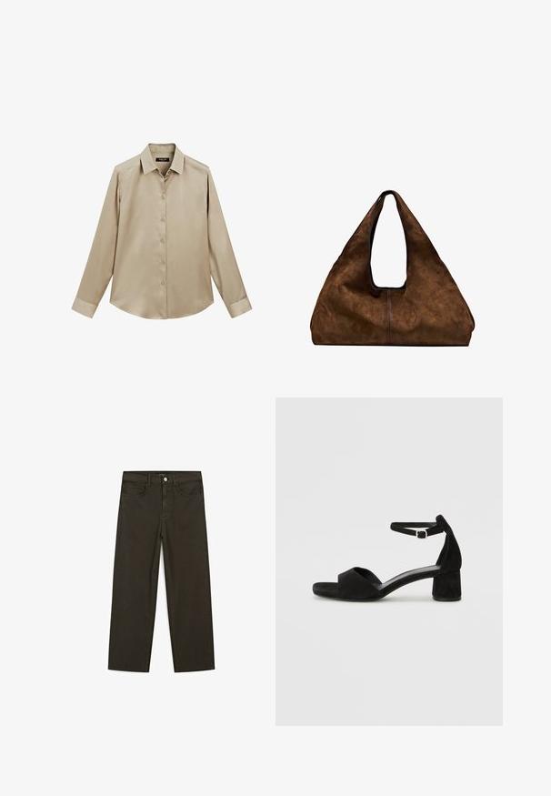 Beżowa koszula z długim rękawem, zapinana na guziki, z klasycznym kołnierzykiem i mankietami, gładki materiał i lekko zaokrąglony dół.; Ciemnozielone spodnie dżinsowe typu wide-leg wykonane z mieszanki bawełny, z zamkiem na guzik z przodu, pięcioma kieszeniami i klasycznym przeszyciem dżinsowym.; Czarne zamszowe sandały na obcasie z cienkim paskiem wokół kostki, otwartym noskiem i skromnym słupkowym obcasem. Gładka faktura i minimalne akcenty.; Brązowa zamszowa torba na ramię z otwartą górą. Posiada głęboką, szeroką konstrukcję, uchwyt wycięty oraz minimalne przeszycia dla czystego designu.