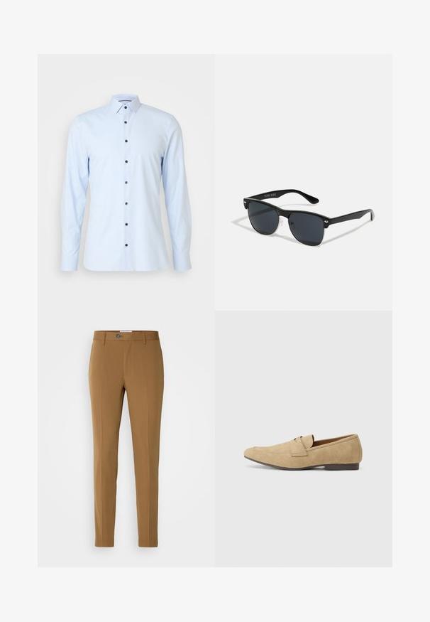 Fénykék hosszú ujjú ing sima szövetből, hagyományos gallérral és sötétkék gombokkal az elején.; Barna, testhezálló szabású nadrág, egyenes fazonban, elöl cipzárral és gombos záródással, valamint két oldalsó zsebbel a funkcionalitás érdekében.; Beige velúr lofu, enyhe fényes felülettel, lekerekített orral, slip-on kialakítással és alacsony barna sarkakkal. Diszkrét varrási részletek.; Fekete napszemüveg, téglalap alakú, sötét lencsékkel, ezüst részletekkel a szárakon, és matt felülettel a kereten.
