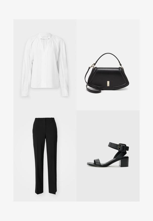 Blaue Bluse mit langen Ärmeln und V-Ausschnitt, gerafften Details am Kragen und einem glatten, leichten Stoff. Einfaches und minimalistisches Design.; Schwarze, taillierte Hose mit geradem Bein, aus einem glatten Stoff und mit klaren Falten an der Vorderseite. Keine sichtbare Hardware.; Schwarze Leder-High-Heel-Sandale mit verstellbarem Knöchelriemen, offenem Zehendesign und quadratischem Blockabsatz. Glatte Textur, minimalistischer Stil.; Schwarze Lederhandtasche mit einem strukturierten Design, das eine verkürzte Form, einen oberen Griff und goldfarbene Hardware-Details aufweist. Verstellbarer Schulterriemen ist enthalten.