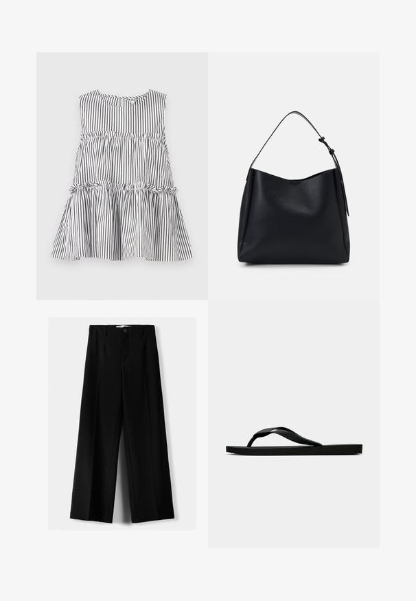 Schwarzes und weiß gestreiftes ärmelloses Oberteil mit rundem Ausschnitt und gerafftem, gestuftem Design, das Rüschendetails an den Nähten aufweist.; Schwarze weite Hosen aus leichtem Stoff, mit einem Knopfverschluss vorne und flachem Bund, mit sorgfältig genähten Säumen.; Schwarze Gummi-Flip-Flop-Sandale mit einem strukturierten Riemen und einfacher flacher Sohle, von der Seite auf einem schlichten hellen Hintergrund dargestellt.; Schwarze Leder-Hobo-Tasche mit einem einzigen Schulterriemen, glatter Textur, tapered Oberseite und minimalistischem Design ohne sichtbare Hardware.