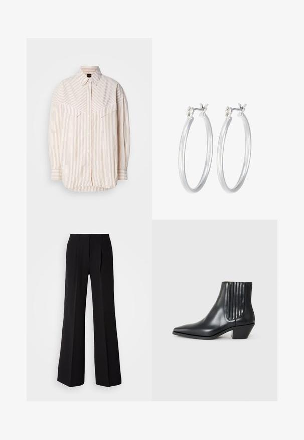 Gestreept overhemd met knopen in lichtbeige en crème kleuren, relaxte pasvorm, lange mouwen en twee borstzakken met klep.; Zwarte broeken van soepele stof, met een hoge taille, wijde pijpen en twee plooien aan de voorkant voor extra ontwerpelementen.; Zwarte leren enkellaars met spitse neus, elastische zijpanelen met verticale groeven en een lage blokhak. Glad oppervlak en slank ontwerp.; Zilveren oorbellen in de vorm van een gladde, gepolijste ring. Ronde vorm met een veilige kliksluiting. Lichtgewicht ontwerp, geschikt voor dagelijks gebruik.