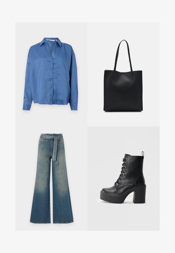 Hellblaues Hemd mit Kragen, langen Ärmeln und entspannter Passform. Aus glattem Stoff mit subtiler Textur gefertigt.; Weit geschnittene Denim-Hosen mit einem Farbverlauf von hellblau zu dunkelblau, hoher Taille, Gürtelschlaufen und einem passenden Stoffgürtel. Strukturierte Denim-Oberfläche.; Schwarze Leder-Ankle-Boots mit klobigem Blockabsatz, Schnürung vorne und strukturierter Oberfläche. Mit einer Lasche auf der Rückseite für einfaches Anziehen.; Schwarze Laptoptasche aus Leder mit glatter Textur, rechteckiger Form und zwei langen Griffen. Keine sichtbaren Beschläge oder Verzierungen.