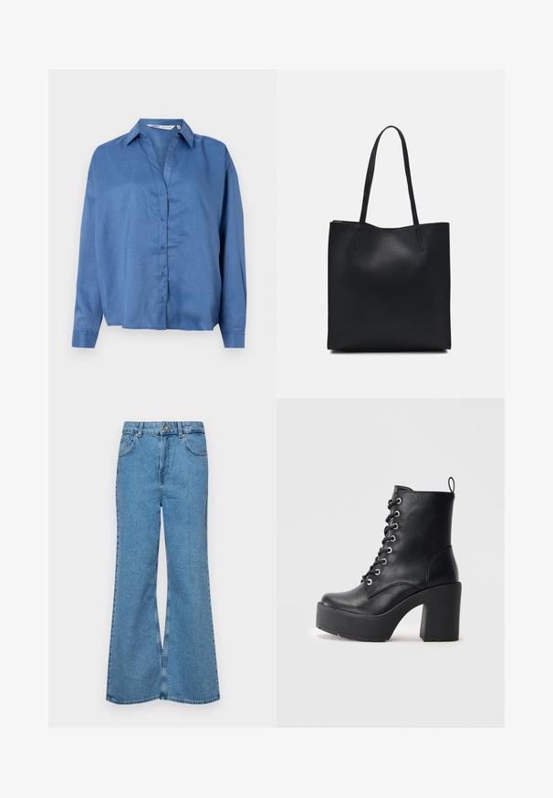 Lyseblå skjorte med krage, lange ermer og avslappet passform. Laget av jevnt stoff med subtil tekstur.; Lyseblå vide jeans laget av denim, med høyt liv, fem lommer og en enkelt knappelukking. Myk tekstur med falmet finish.; Sorte læder ankelstøvle med en kraftig blokhæl, snøre foran og tekstureret overflade. Har en flap på bagsiden for nem påtagning.; Svart lær tote bag med glatt tekstur, rektangulær form og to lange håndtak. Ingen synlige deler eller dekorasjoner.