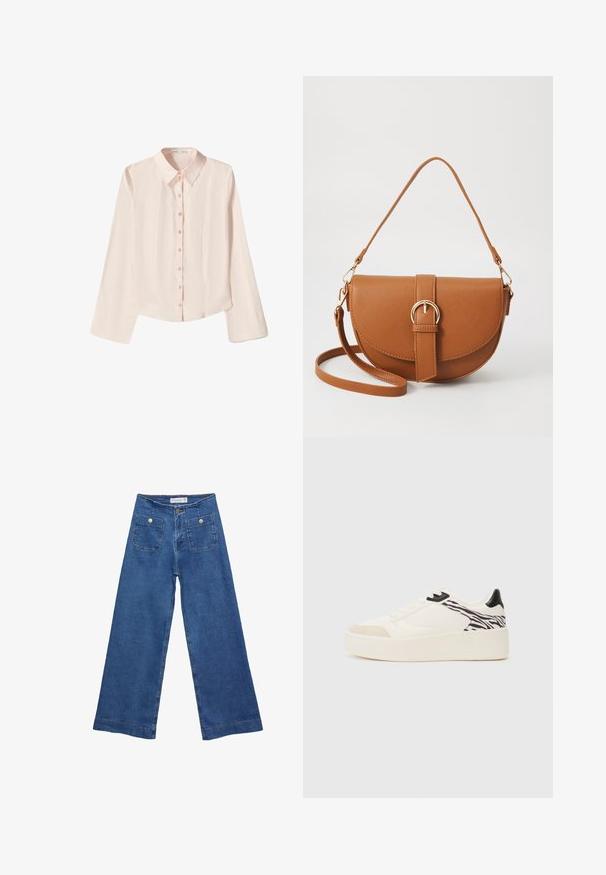 Svetloružová blúzka s dlhým rukávom, špicatým golierom a zapínaním na gombíky. Má mierne zakrivený lem a textúrovaný povrch látky.; Džínsy s širokými nohavicami v stredne modrej farbe, s dvoma prednými vreckami na gombíkovné zapínanie a šitými detailmi pozdĺž lemov.; Even&Odd Tenisky - white/black; Hnedá kožená kabelka cez telo s zakriveným tvarom, zlatými kovovými doplnkami a akcentom s prackou. Obsahuje odnímateľný ramenný popruh.