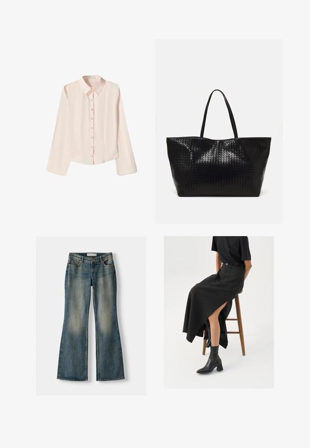 Lichtroze blouse met lange mouwen, een puntige kraag en een knoopsluiting aan de voorkant. Heeft een licht gebogen zoom en een gestructureerde stofafwerking.; Blauwe uitlopende spijkerbroek met een vervaagde wassing, vijf zakken en een knoopsluiting. Het materiaal heeft een denim textuur met subtiele stikseldetails.; Zwarte linnen maxi rok met een hoge split, gedragen met een zwart T-shirt en zwarte enkellaarsjes. Minimalistisch ontwerp met een relaxte pasvorm.; Zwarte geweven schoudertas met twee stevige handvatten, met een glanzende textuur en een ruime open bovenkant.