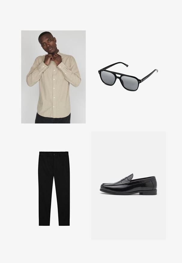 Světle béžová košile na knoflíky s dlouhými rukávy, límečkem a jemnou texturou; má kapsu na levé straně a bílé knoflíky.; Bílé bavlněné tílka, bez rukávů, kulatý výstřih, hladká textilie, vyrobená z měkkého, lehkého materiálu. Zobrazeny dva kusy.; Černé kalhoty na míru s knoflíkovým zapínáním, poutky na opasek a úzkými rovnými nohavicemi, vystavené na bílém pozadí.; Černé kožené mokasíny s kulatou špičkou, dekorativním prošíváním a nízkým podpatkem. Hladký povrch s jemným leskem. Klasický design bez zdobení.; Černé sluneční brýle s obdélníkovými rámy, šedými tónovanými skly a designem s výřezem ve střední části. Hladký, lesklý plastový materiál, s úzkými stranami.