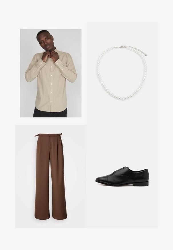 Lys beige skjorte med lange ærmer, krave og en subtil tekstur; har en lomme på venstre side og hvide knapper.; Bredde bukser i brunt, lavet af blødt stof. Har høj talje med folder og sidesnore, hvilket giver en afslappet pasform og glat tekstur.; Sorte læderdressko med spids tå, buet dekorativ syning, seks snørrehuller og en lav stablet hæl. Glat overflade generelt.; Hvid perlekæde med ensartet rund form, glat overflade og metalspænde med forlængerkæde for justerbar længde.