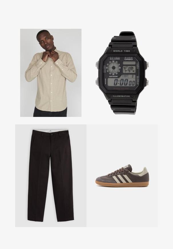 Svetlo béžová košeľa na gombíky s dlhými rukávmi, golierom a jemnou textúrou; má vrecko na ľavej strane a biele gombíky.; Čierne rovné nohavice chinos s pútkami na opasok, zapínaním na gombík a bočnými vreckami, zobrazené na svetlo šedom pozadí.; Hnedá kožená teniska s tromi svetlosfarbenými pruhmi, gumovou podrážkou, okrúhlou špičkou a textúrovanými semišovými akcentmi na päte a špičke.; Digitálny náramkový hodiniek s čiernym gumovým remienkom, obdĺžnikovým puzdrom a sklom. Zobrazuje čas, mapu svetového času a tlačidlá na budík a osvetlenie.