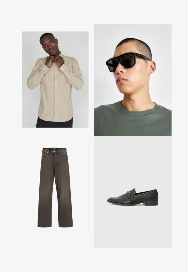 Svetlo bež srajca na gumb z dolgimi rokavi, ovratnikom in subtilno teksturo; ima žep na levi strani in bele gumbe.; Široke hlače iz temno sive denim tkanine, s wysokim pasom, klasičnim pet-pocket dizajnom in kontrastnim šivom ob šivih.; Črni usnjeni loafer z gladko površino, ki ima šivano zasnovo in dekorativni kovinski verižni naglas preko vampirja. Ravno peto.; Črne pravokotne sončna očala s temnimi lečami, ki imajo značilno obliko in blagovno znamko na ročaju. Nosijo jih oseba v zeleni majici.