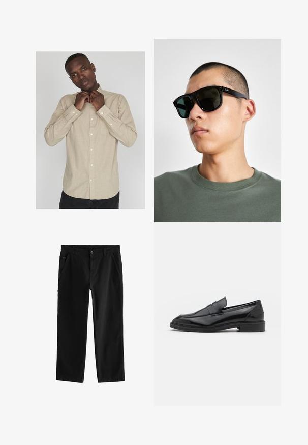 Hellbeige Hemd mit langen Ärmeln, Kragen und subtiler Textur; verfügt über eine Tasche auf der linken Seite und weiße Knöpfe.; Schwarze Baumwollhose mit geradem Bein, ausgestattet mit einem vorderen Knopfverschluss, schrägen Seitentaschen und dezenten Nähten.; Schwarze Lederloafers mit glatter Oberfläche, runder Spitze und schmalem Riemen über dem Obermaterial. Niedriger, gestapelter Absatz.; Schwarze rechteckige Sonnenbrille mit dunklen Gläsern, die eine markante Form und eine Markierung am Bügel aufweist. Getragen von einer Person in einem grünen Hemd.