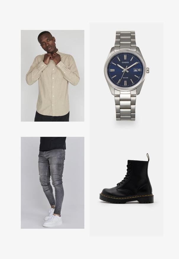 Lys beige skjorte med lange ærmer, krave og en subtil tekstur; har en lomme på venstre side og hvide knapper.; Slank jeans i falmet grå denim med slidte detaljer ved knæene, parret med hvide sneakers. Glat tekstur, slim fit design.; Sorte læder ankelstøvler med snørebånd foran, gul syning, en rund tå og en tyk, tekstureret gummisål.; Sølv rustfrit stål urrem med en marineblå urskive, metallic timemarkører og et datovindue kl. 3. Vandafvisende op til 50 meter.