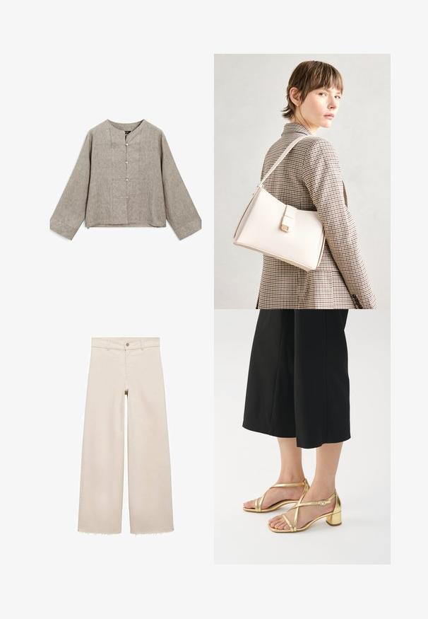 Blusa di lino grigia chiara con scollatura rotonda, maniche lunghe e una fila di bottoni frontale con cinque bottoni e leggere variazioni di texture.; Jeans beige a gamba larga con vita alta, dotati di chiusura a pulsante, tasche frontali e orlo sfrangiato. Realizzati in tessuto denim.; Sandali dorati con cinturini, dotati di un tacco largo, caratterizzati da cinturini sottili e chiusura con fibbia, su uno sfondo bianco semplice.; Borsa a mano in pelle bianca con un design strutturato, presente di un clasp magnetico e una tracolla, esposta su uno sfondo neutro.