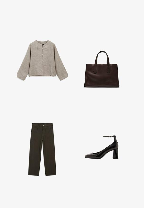 Lys grå linned blouse med rund halsudskæring, lange ærmer og en frontknapstolpe med fem knapper samt subtile teksturelle variationer.; Mørkegrønne brede jeans lavet af en bomuldsblanding, med en frontlukning med knap, fem lommer og klassisk denim-syning.; Sorte patentlæder ankelstroppumpe med en blank finish, spidse tå og en tykk blokhæl. Glat tekstur, minimal udsmykning.; Brun læder tote bag med to forlængede håndtag, struktureret rektangulær form, glat overflade og subtile syninger.