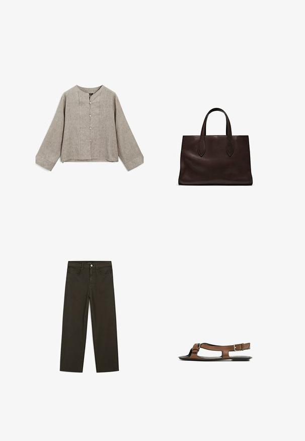 Ljusgrå linneskjorta med rund halsringning, långa ärmar och en knappslå framtill med fem knappar samt subtila texturvariationer.; Mörkgröna vida jeans i bomullsblandning, med knäppning fram, fem fickor och klassisk denimstickning.; Brun lädersandal med öppen tå och sidoklipp. Har en ankelrem med en metallspänne och en platt sula.; Brun läder tote-väska med två avlånga handtag, strukturerad rektangulär form, slät textur och subtila sömdetaljer.