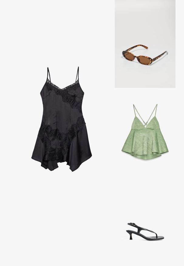 Hellgrünes, strukturiertes Top mit schwingendem Saum, verstellbaren, überkreuzten Trägern und V-Ausschnitt. Verfügt über ein dezentes Muster.; Schwarzes Satin-Nachthemd mit Spitzenrand, verstellbaren Spaghetti-Trägern und ausgestelltem Saum, weicher Textur und dekorativen Rüschendetails.; Schwarze Ledersandale mit schlankem Design, dünnen Riemen und einem kleinen Absatz. Verfügt über eine Schnallenakzent und eine glatt strukturierten Fußbett.; Schildpatt-Sonnenbrille mit ovalen Rahmen, braunen Gläsern und schlanken schwarzen Bügeln mit subtilen Musterakzenten.; Schwarze, strukturierte Tragetasche mit kurzen Griffen, ausgestattet mit einem goldenen Verschluss und Akzenten. Das Design ist strukturiert und weist eine geometrische Silhouette auf.