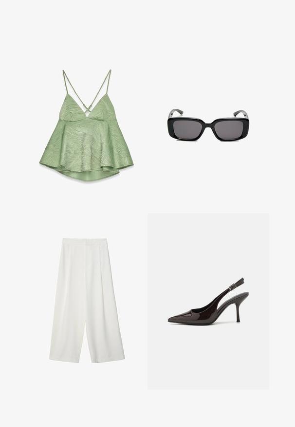 Jasnozielony top na ramiączkach o fakturowej powierzchni, z rozkloszowanym dołem, regulowanymi ramiączkami w stylu krzyżowym i dekoltem w kształcie litery V. Posiada subtelny wzór.; Białe, szerokie, ścięte w kroku spodnie o gładkiej fakturze, z płaskim przodem i bez widocznych zapięć lub kieszeni.; Sandały na obcasie typu slingback z błyszczącej ciemno-brązowej lakierowanej skóry, w szpic, z otwartymi bokami i regulowanym paskiem wokół kostki.; Czarne prostokątne okulary przeciwsłoneczne z ciemnymi soczewkami, gładką plastikową ramką i wygiętymi zausznikami. Projekt jest masywny, o minimalistycznej estetyce.