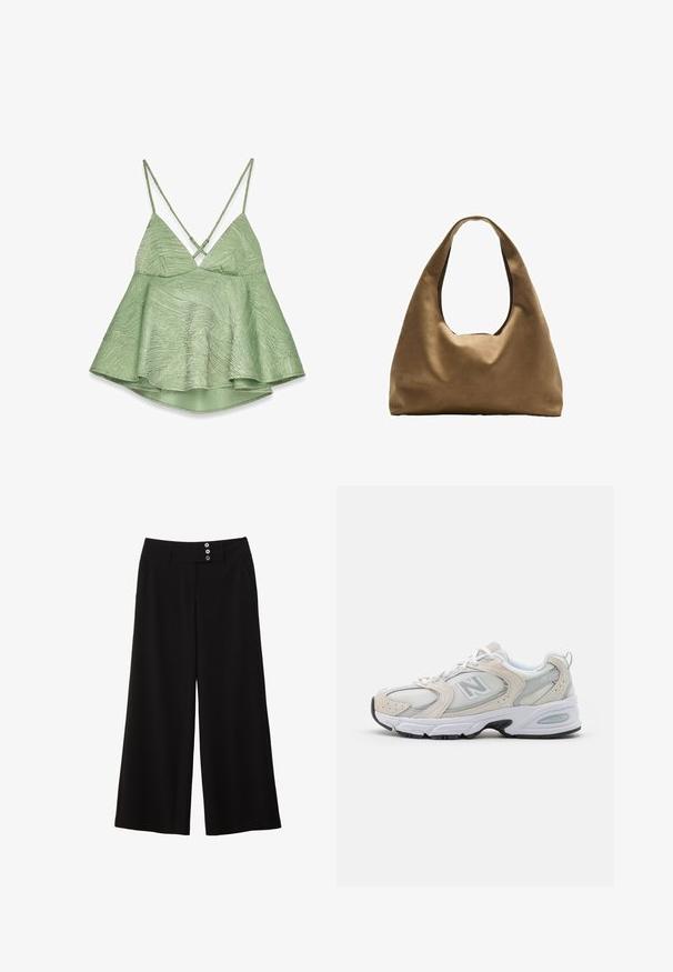 Lichtgroene, textuur camisole met een uitlopende zoom, verstelbare kruislings gespen en een V-halsontwerp. Bevat een subtiel patroon.; Zwarte broek met brede pijpen en een platte tailleband, uitgerust met twee knoopaccenten aan de voorkant en zijzakken voor functionaliteit. Gladde textuur.; Atletiekschoen met een lichtgrijs mesh bovenwerk en suede accenten, witte veters en een zwarte rubberen zool. Opvallend ABZORB dempingdetail.; Bruine stoffen schoudertas met een brede, ronde vorm en een grote uitsnede handvat. Zachte textuur, minimalistisch ontwerp en geen zichtbare hardware.