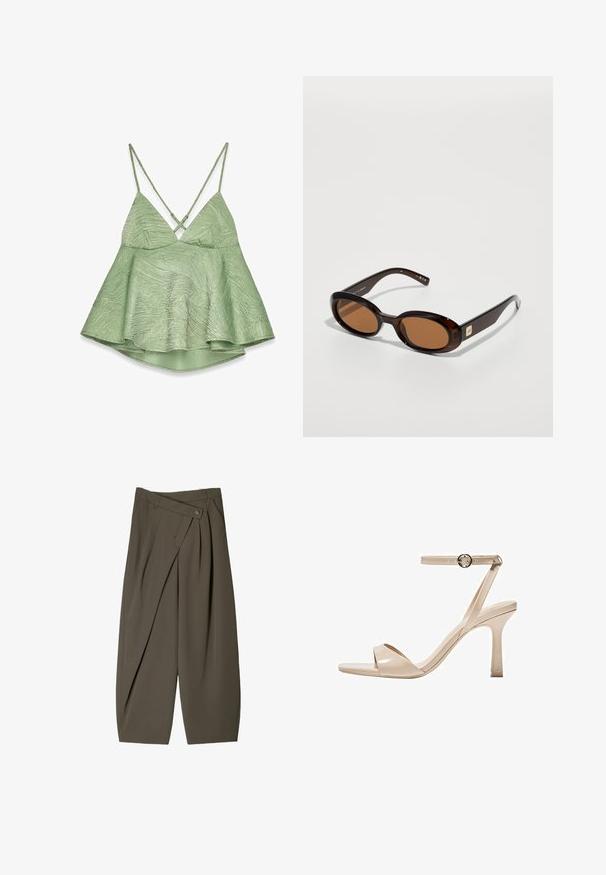 Lichtgroene, textuur camisole met een uitlopende zoom, verstelbare kruislings gespen en een V-halsontwerp. Bevat een subtiel patroon.; Ruime broek in donkergroen stof, met een geplooide voorkant, een knoopsluiting en een gepolijste, gestructureerde afwerking.; Nude lakleren hoge hak sandaal met een dunne enkelband en ronde gesp, open teen ontwerp en een slanke stilettohak.; Bruine schildpadzonnebril met ovale lenzen, met een dunne montuur en een kleine metalen accent aan de zijkant. Geverfd en gepolijst afwerking.; Bruine suède schoudertas met twee lange hengsels, trekkoordsluiting en minimalistisch ontwerp. Gladde textuur en geen zichtbare hardware-accenten.