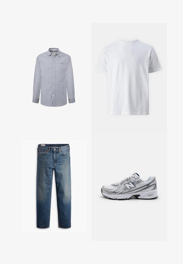 Overhemd met knopen in een blauw-wit geruit patroon. Lange mouwen, standaard kraag, stof lijkt licht en ademend te zijn.; Witte korte mouwen t-shirt van katoen, met een ronde hals en een zachte textuur, met een rechte snit en zonder patronen.; Blauwe rechte denim jeans met een klassieke vijf-pocket design, knoopsluiting en subtiele vervaging op de dijen en knieën.; New Balance sportieve schoen met een bovenwerk van mesh, voornamelijk wit met grijze en marineblauwe accenten, voorzien van een gevoerde zool en textuurdetails.