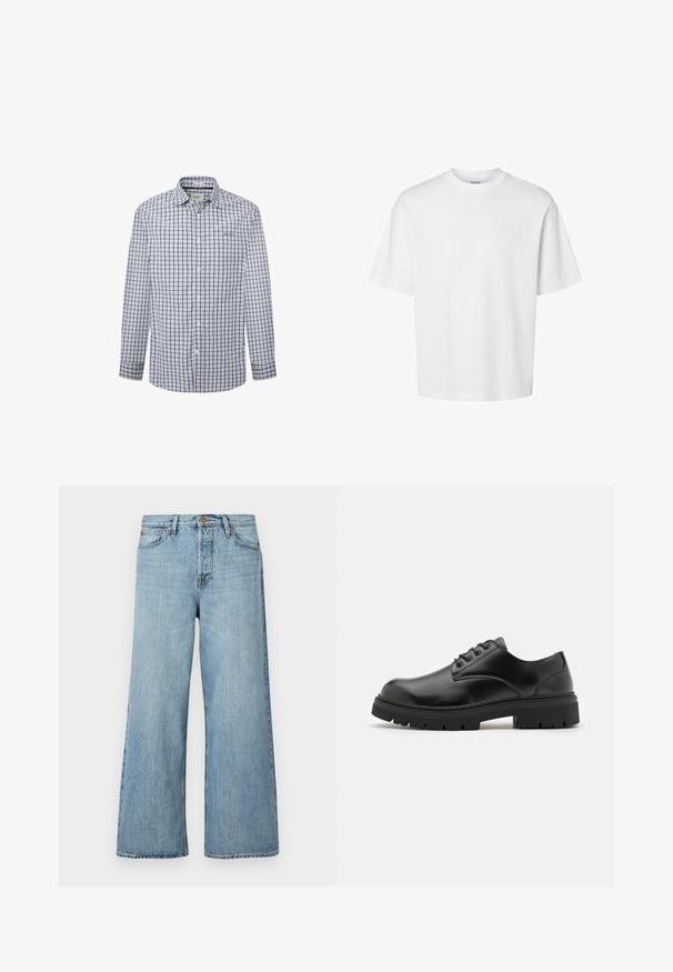 Košile na knoflíky v modro-bílé kostkované vzoru. Dlouhé rukávy, standardní límec, látka se jeví jako lehká a prodyšná.; Bílý bavlněný tričko s krátkými rukávy, klasickým kulatým výstřihem a volným střihem. Hladká textura bez viditelných vzorů nebo akcentů.; Světle modré široké džíny vyrobené z denimu, s knoflíkovým zapínáním, jemným vyblednutím a standardním pětipocket designem.; Černé kožené boty s zaoblenou špičkou, šněrovacím designem a silnou, strukturovanou gumovou podrážkou. Vyznačují se prošíváním po okraji a hladkým povrchem.