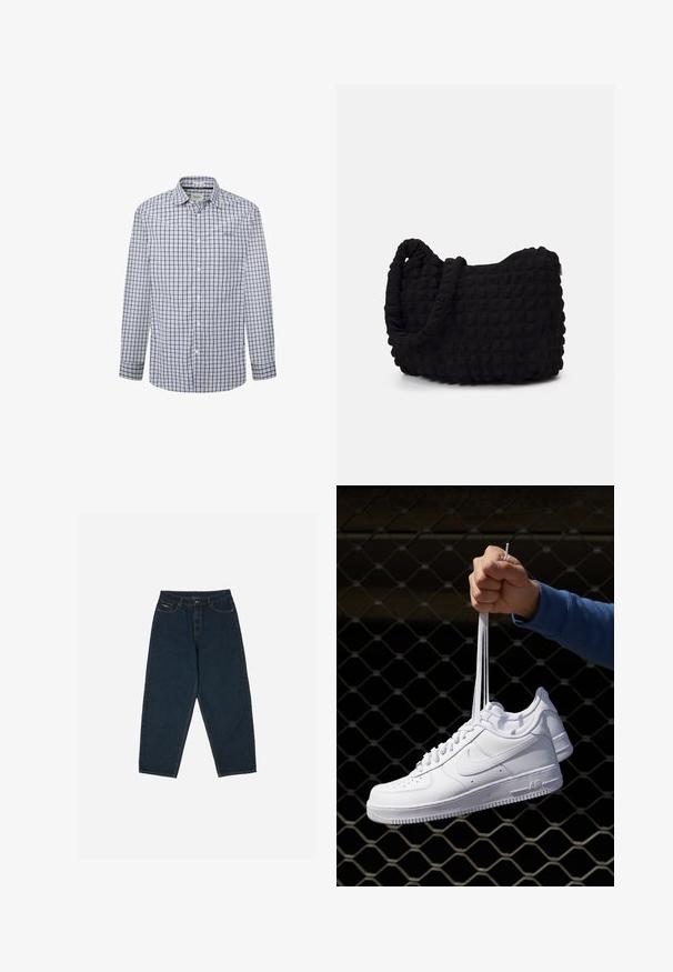 Kreklu ar pogām zilā un baltā pārbaudītā rakstā. Garas piedurknes, standarta apkakle, audums izskatās viegls un elpojošs.; Tumši zili augsto vidukli bikši ar brīvu piegriezumu, piecu kabatu un pogu aizdari. Izgatavoti no gludas auduma.; Baltas ādas sporta apavi ar perforācijām, apaļu purngali, plakanu zoli un biezām šņorēm, ar redzamu swoosh logo un vārdu "AIR" uz papēža.; Melnas auduma soma ar strukturētu, quiltotu rakstu. Apaļa forma, īsas, resnas rokturi un mīksta, elastīga konstrukcija.