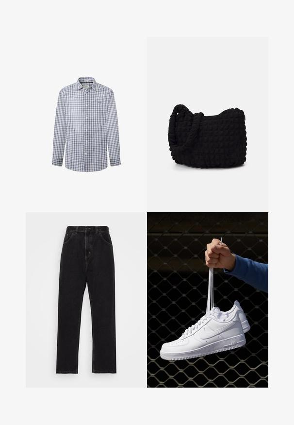 Koszula zapinana na guziki w niebiesko-białą kratkę. Długie rękawy, standardowy kołnierzyk, materiał wydaje się lekki i przewiewny.; Czarne dżinsy typu denim o prostym kroju, z pięcioma kieszeniami, zapięciem na guzik i zamek błyskawiczny oraz kontrastującymi żółtymi szwami.; Białe skórzane sneakersy z perforacjami, okrągłym noskiem, płaską podeszwą i grubymi sznurówkami, z widocznym logo swoosh i napisem „AIR” na pięcie.; Czarna torba z materiału o fakturowanym, pikowanym wzorze. Owalny kształt, krótkie, grube rączki oraz miękka, elastyczna struktura.