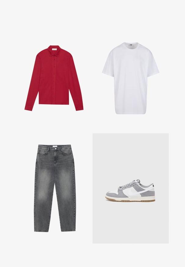 Raudona ilga rankovė marškiniai, pagaminti iš medvilnės. Yra klasikinė apykaklė, priekiniai mygtukai ir rankogaliai su lygia tekstūra. Nėra raštų ar akcentų.; Balta medvilninė marškinėlių užsagėlė su trumpomis rankovėmis, apvaliu kaklu, laisva forma ir be matomų logotipų ar raštų. Lygi tekstūra ir minimalus dizainas.; Aukštai juosmeniu, laisvai krentančios džinsai iš blukusių juodų džinsų. Savybės: penki kišenės, diržo kilpos ir švari, tiesi kojų dizainas.; Pilka ir balta sportinė avalynė su zomšiniu ir odiniu viršumi, suapvalintu pirštu, plokščiomis raištelėmis ir guminėmis padais su guminiu akcentu.