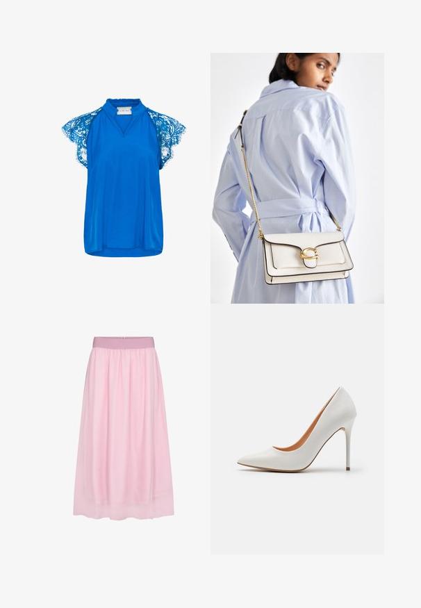 Cream NOLA - Pluus - galaxy blue; Roosa tülli seelik pehme, läbipaistva disainiga. Omab elastset vöökohta ja voolavat siluetti, luues kihilise efekti.; Valge lakitud nahk kõrge kontsaga pump, millel on terav nina ja peen stiletto konts, millel on sile tekstuur ja beež sisemus.; Valge nahast kott kuldse riistvaraga, esi-klapi ja musta ääristusega, millel on kettvõll, kantud üle keha helesinise särgi vastu.